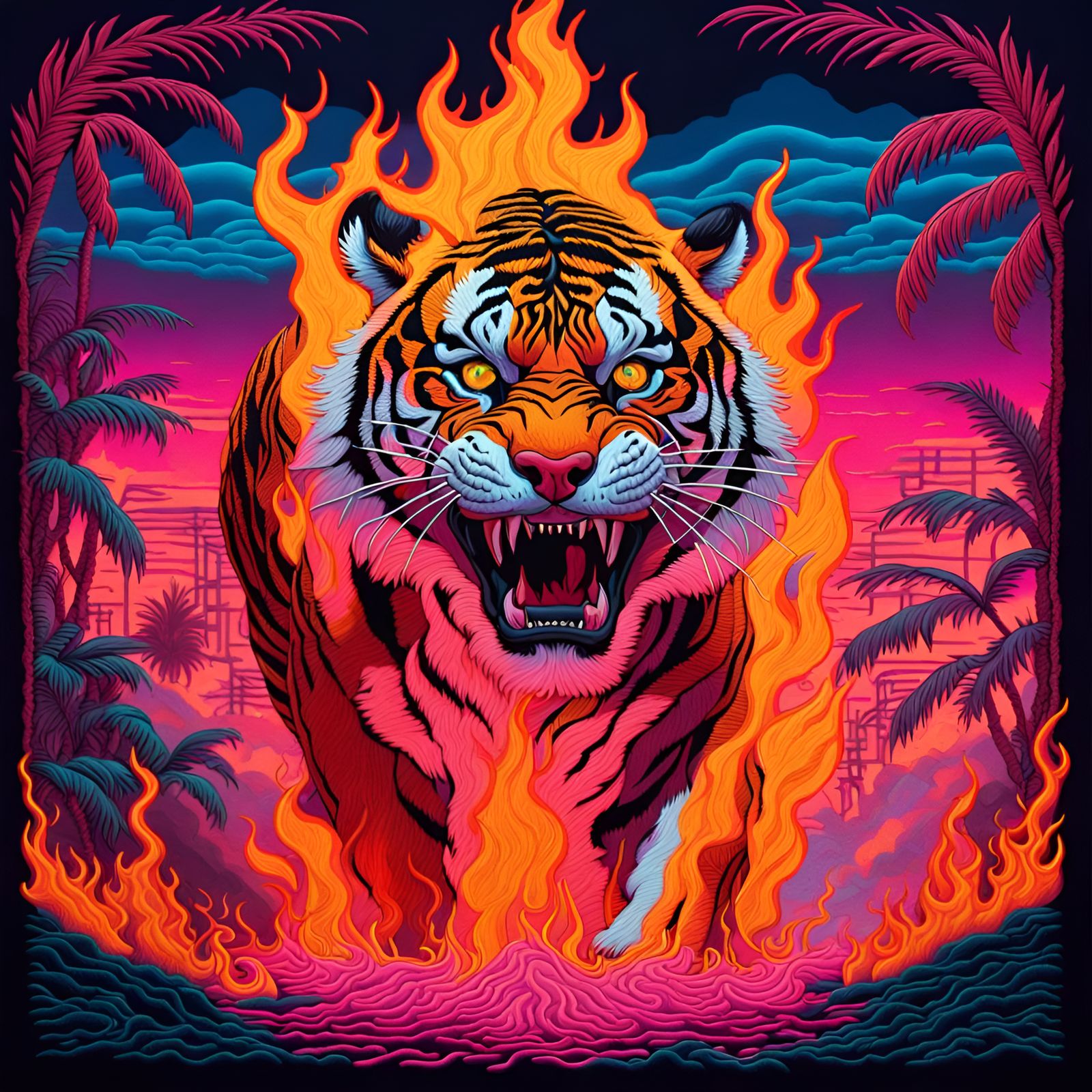 Tiger In Flames - Synthwave Style