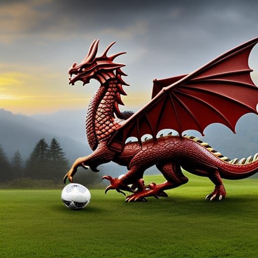 Hyperrealistic Welsh Dragon Playing Football