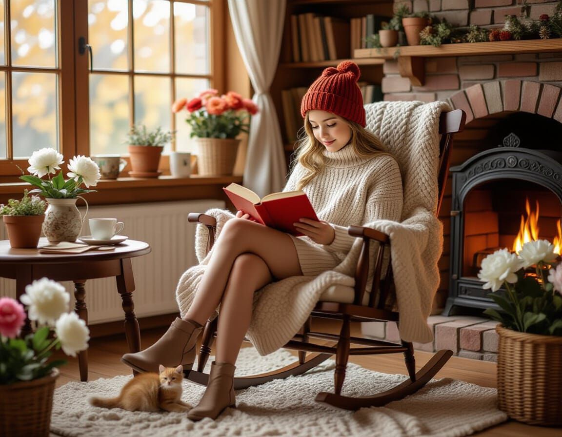 Cozy Autumn Reading Scene with Kitten