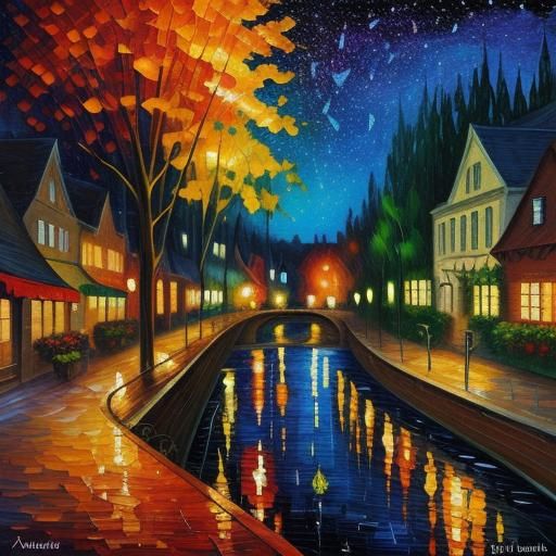 Glass Canal Village at Night in Neo-Impressionist Style