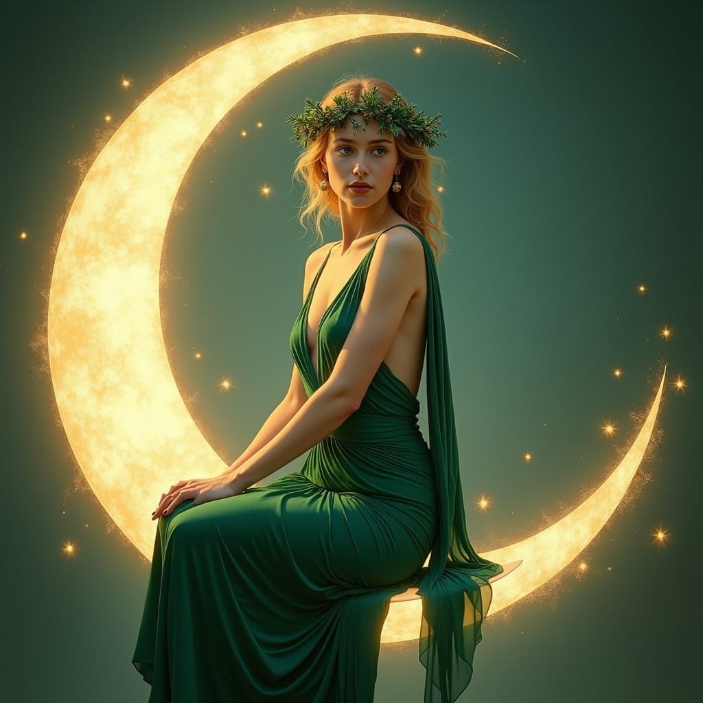 Artemis on Crescent Moon in Pre-Raphaelite Style