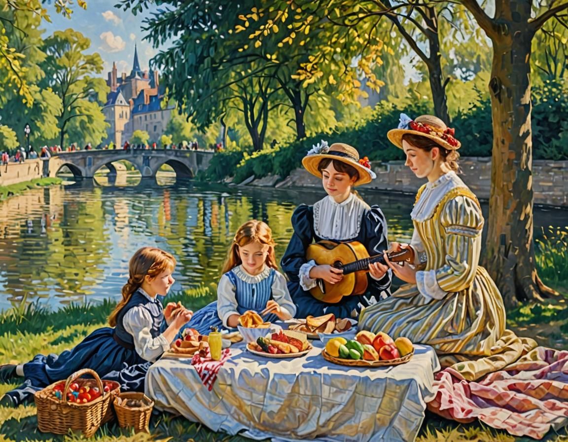 Seine River Picnic: Impressionist Oil Painting