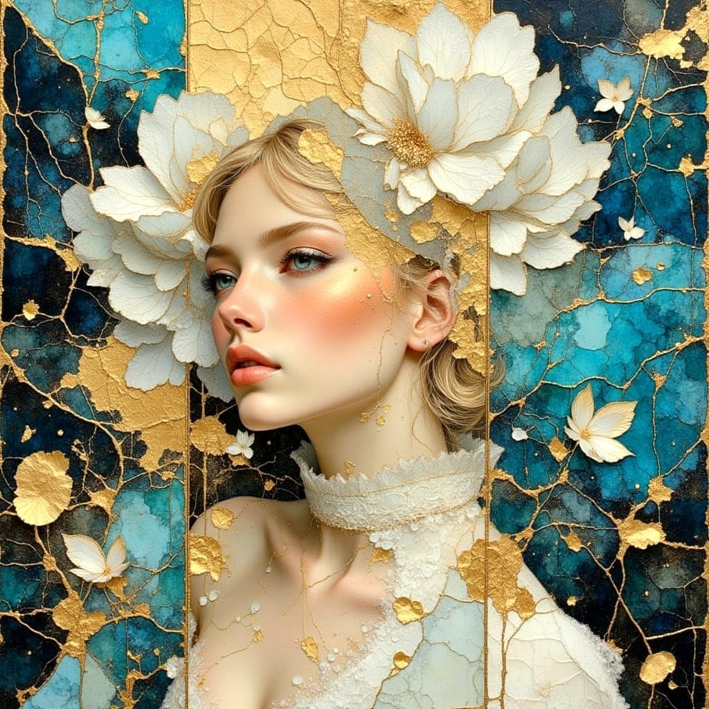 Angelic Figure in Peach and Teal Cityscape