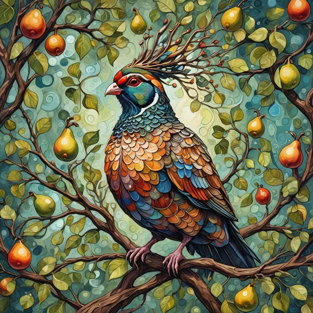 Surreal Partridge in a Pear Tree, Impasto Painting