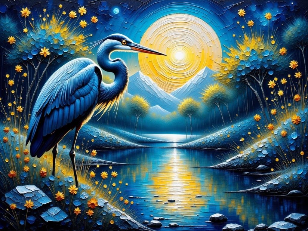 Cosmic Wetland Great Blue Heron in Midnight Blue Hues