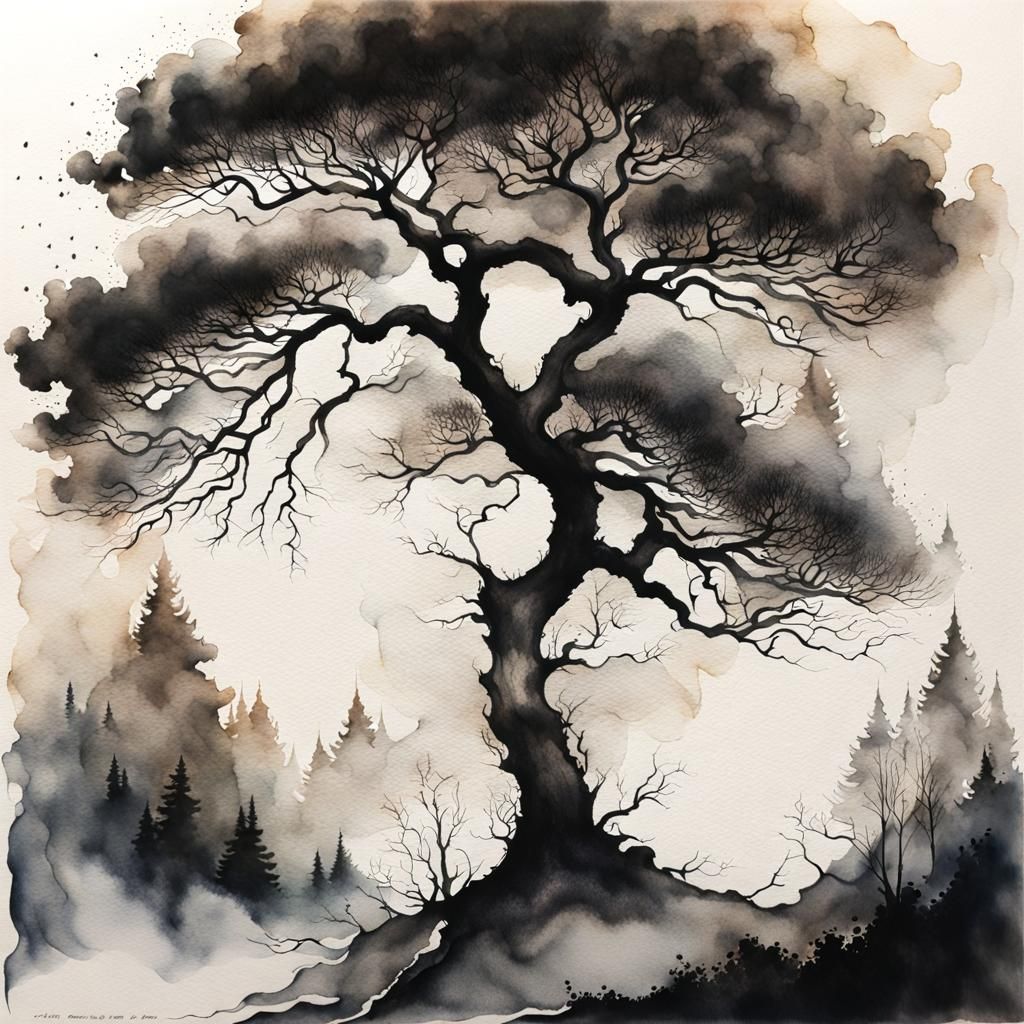 Smoky Tree of Ashes: Watercolor and Ink Painting