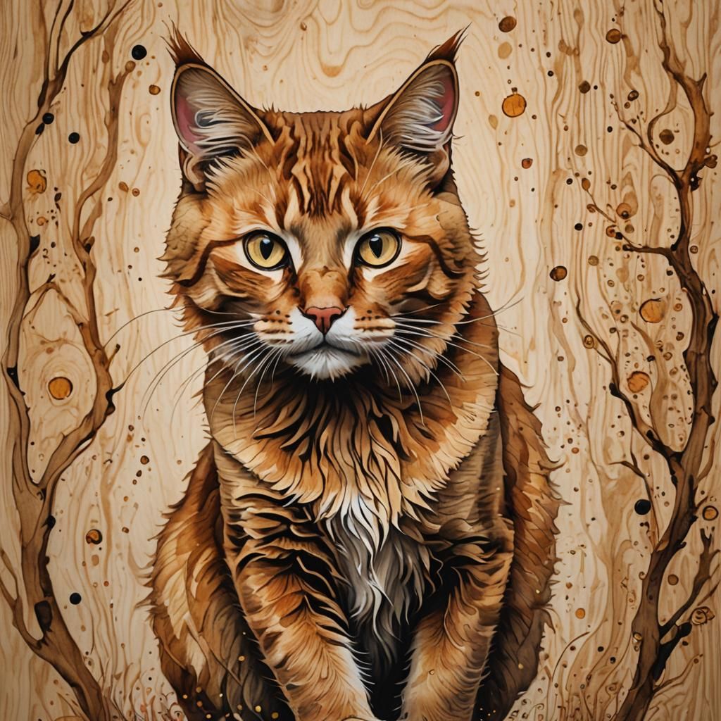 Dynamic Ginger Cat Ink Sketch with Klimt Elements