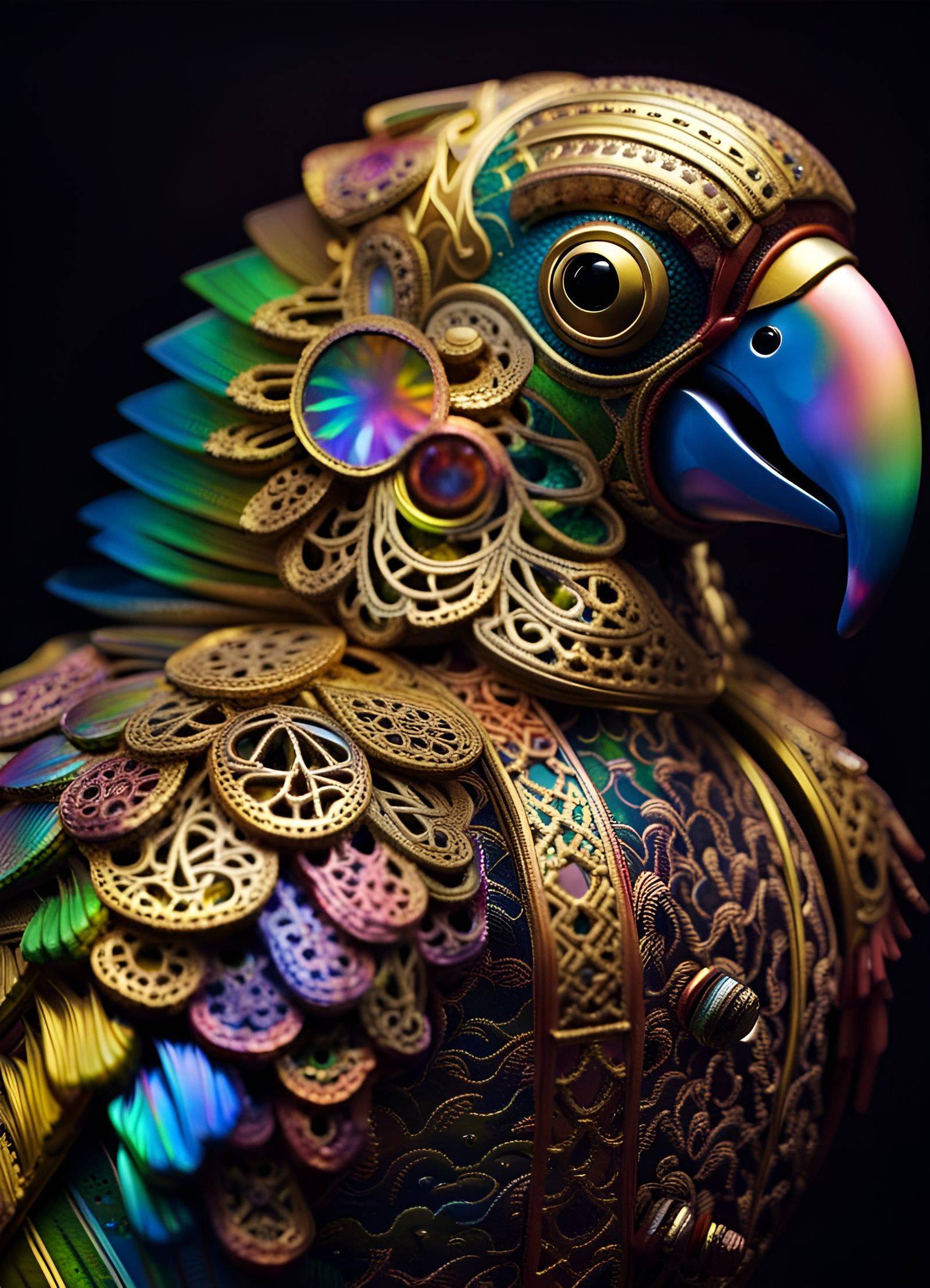 Victorian Robot Parrot with Gold Lace Details