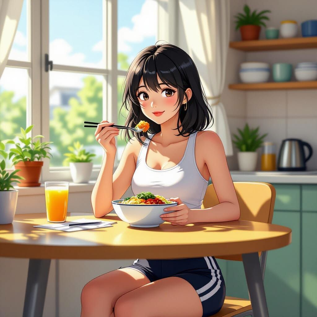 Asian Girl Eating Bibimbap in Sunny Apartment