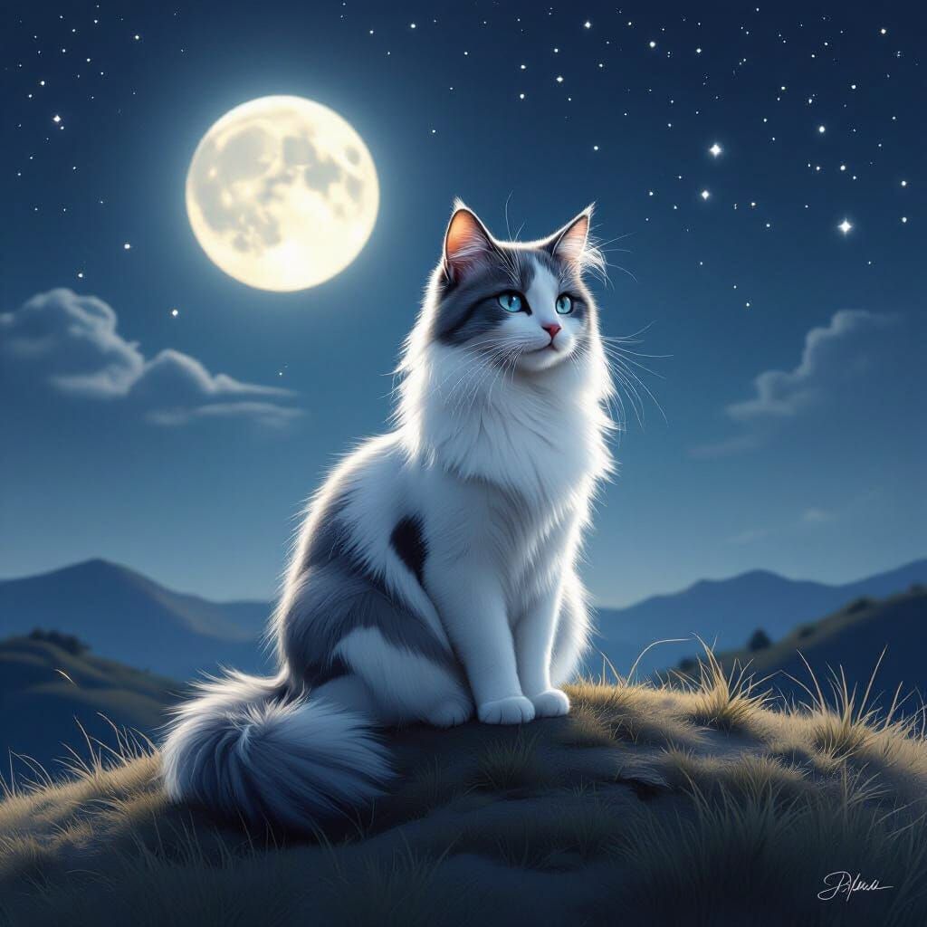 Silver Cat on Hill Under Moonlight in Hyperrealistic Style