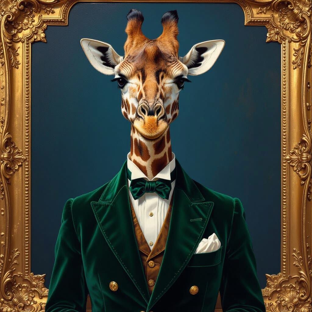 Giraffe in Velvet Jacket: 19th-Century Oil Painting Style