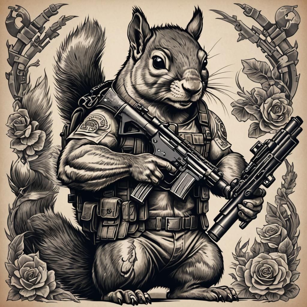 Muscular Squirrel Tattooed with Guns, Holding Machine Gun