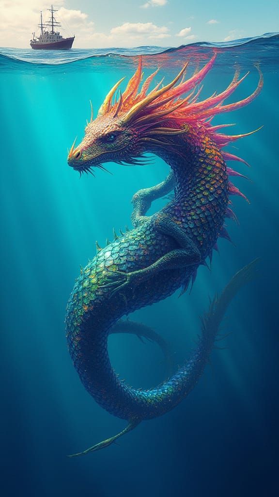 Sea Dragon Silhouette Beneath Ship in 3D