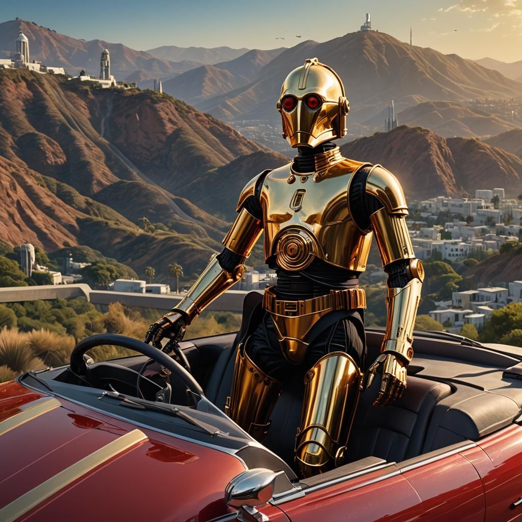 Ultra-realistic illustration, detailed depiction, the Star Wars character C3PO drives in a red convertible. A pretty gir...