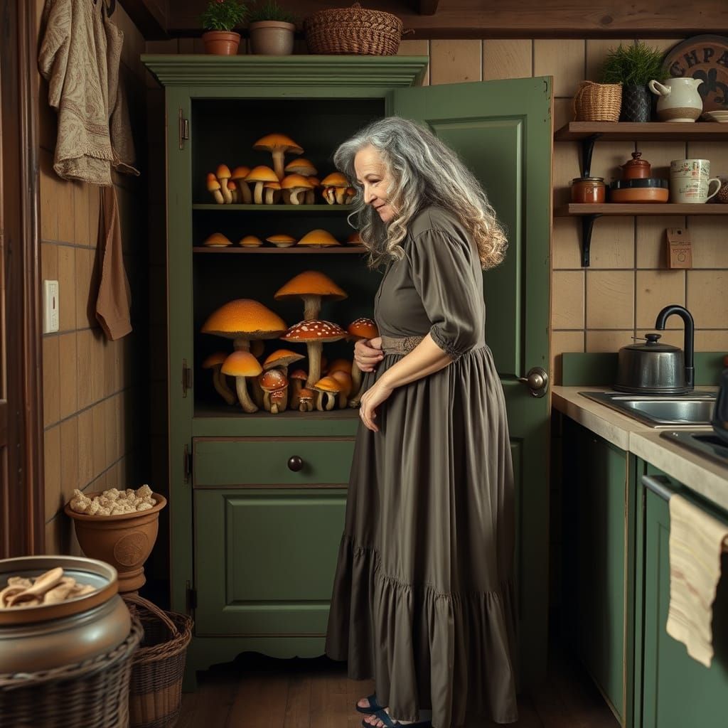 Bohemian Woman Reveals Whimsical Mushrooms in Vintage Kitche...