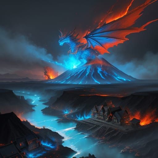 Red Dragon Attacks Village with Blue Flames