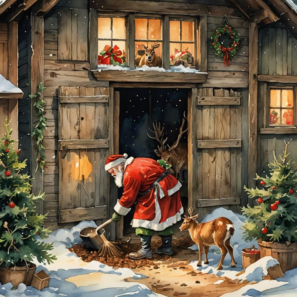 Santa's Whimsical Winter Stable Scene