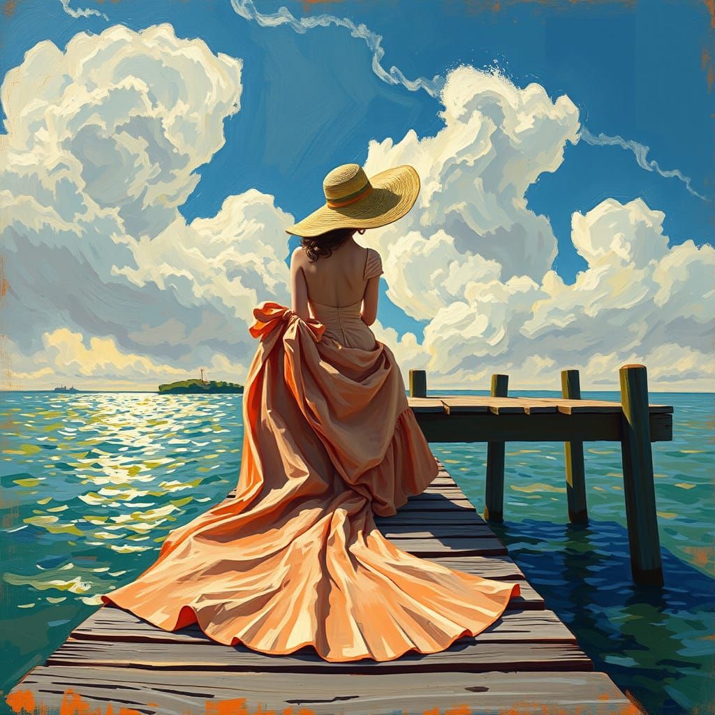 Woman on Dock in Post-Impressionist Style