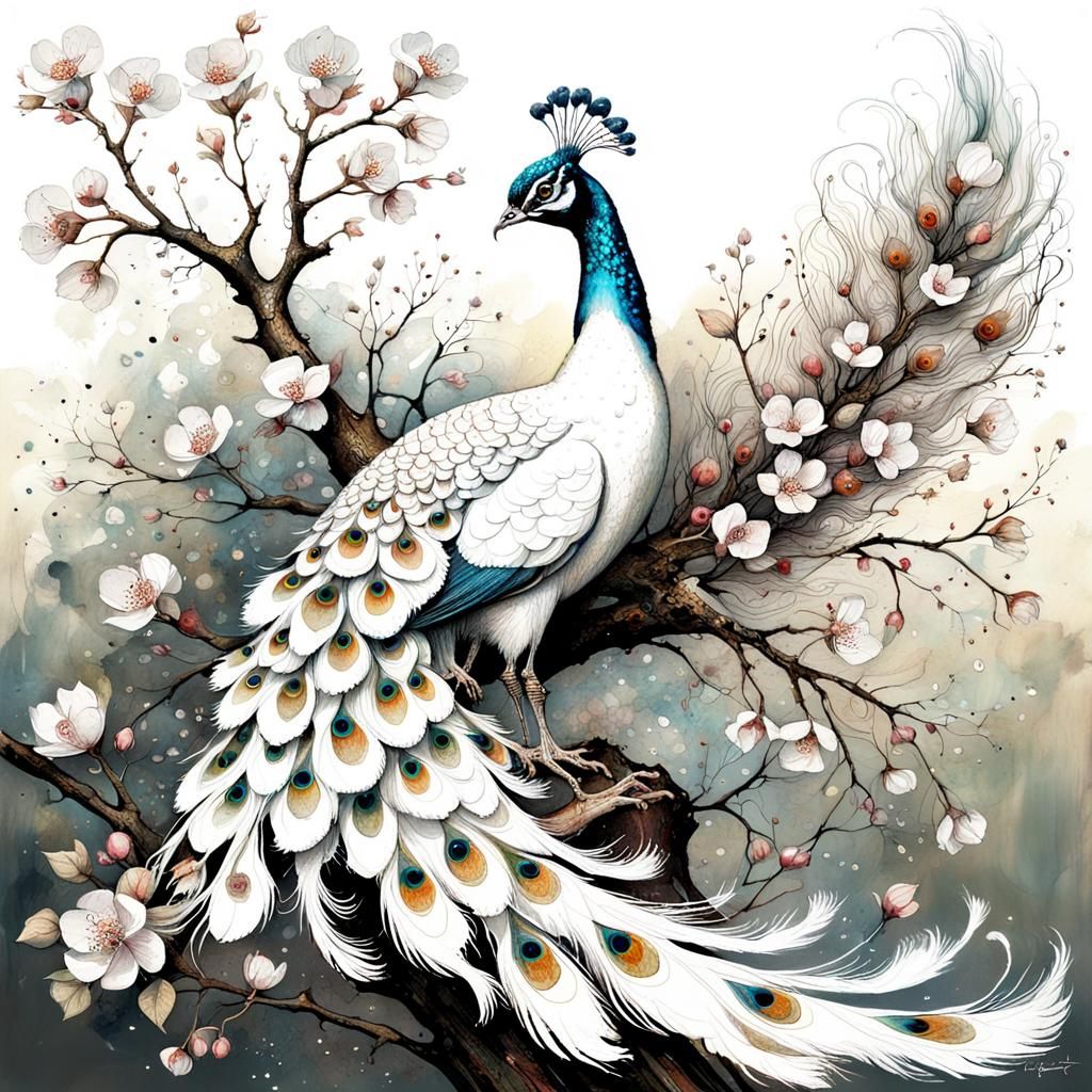 Ethereal White Peacock Amidst Vibrant Blossoms in Hyperreali...