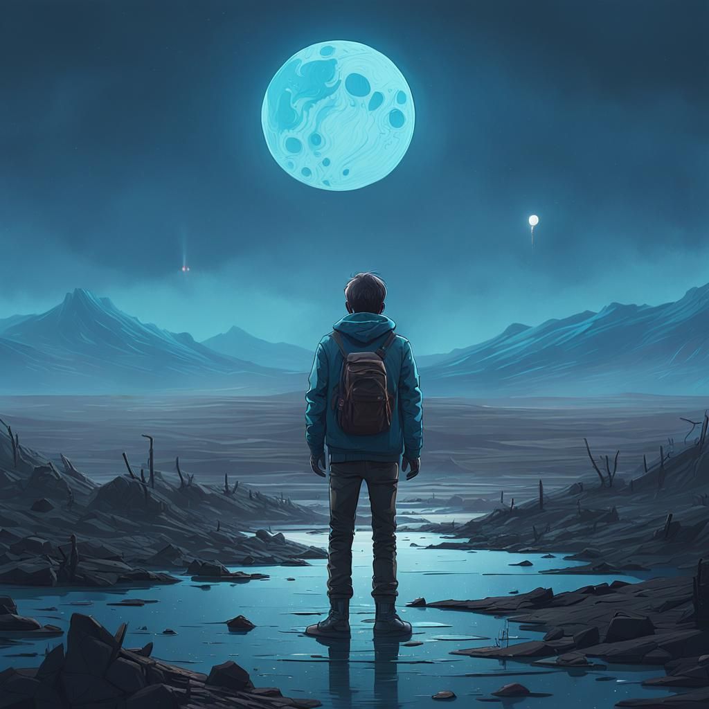 Boy in Moonless Landscape: Fantasy Concept Art