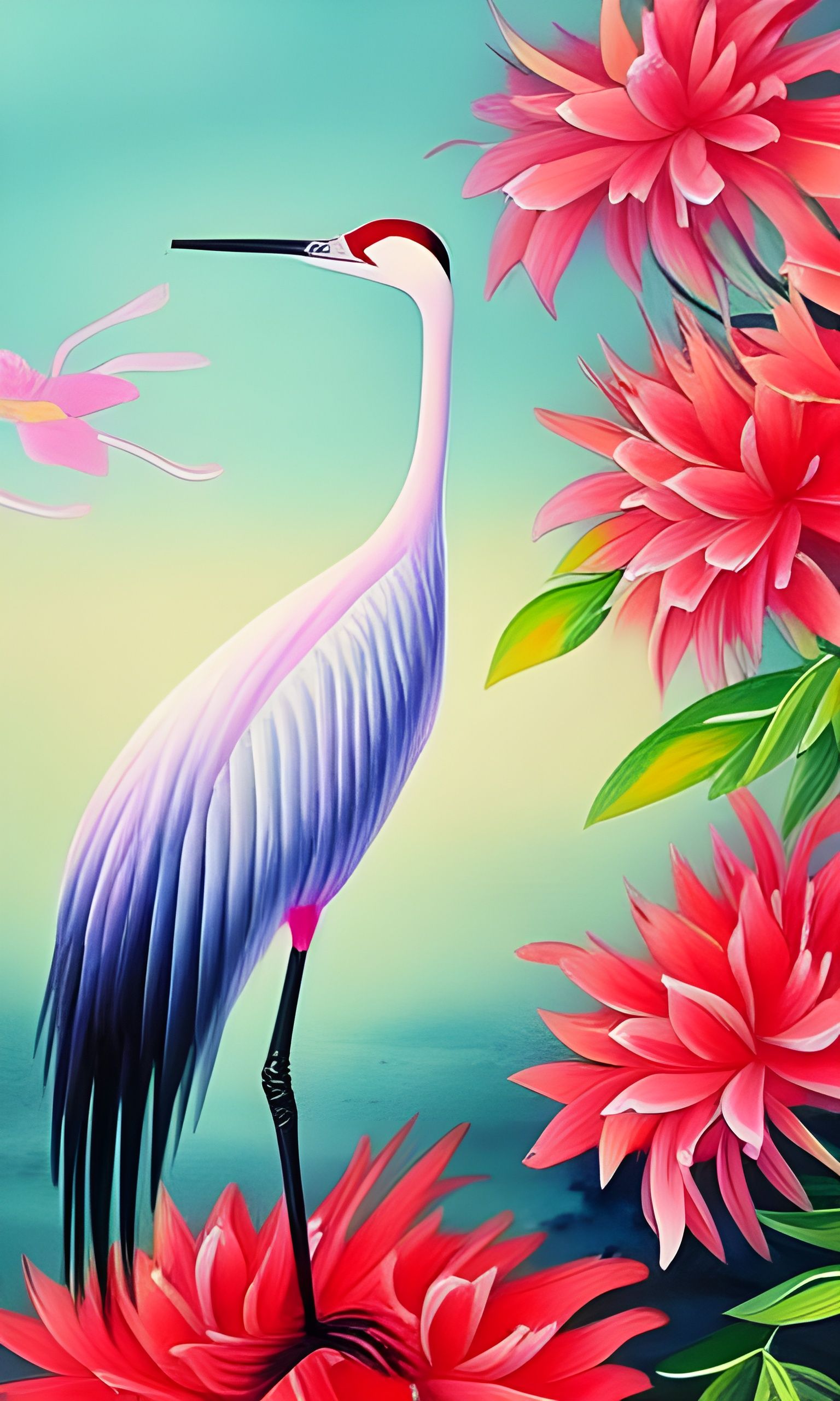 Crane Birds Art Painting with Chinese Flowers