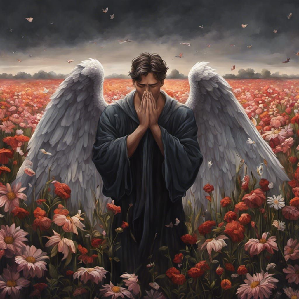Crying Angel in Dying Flower Field