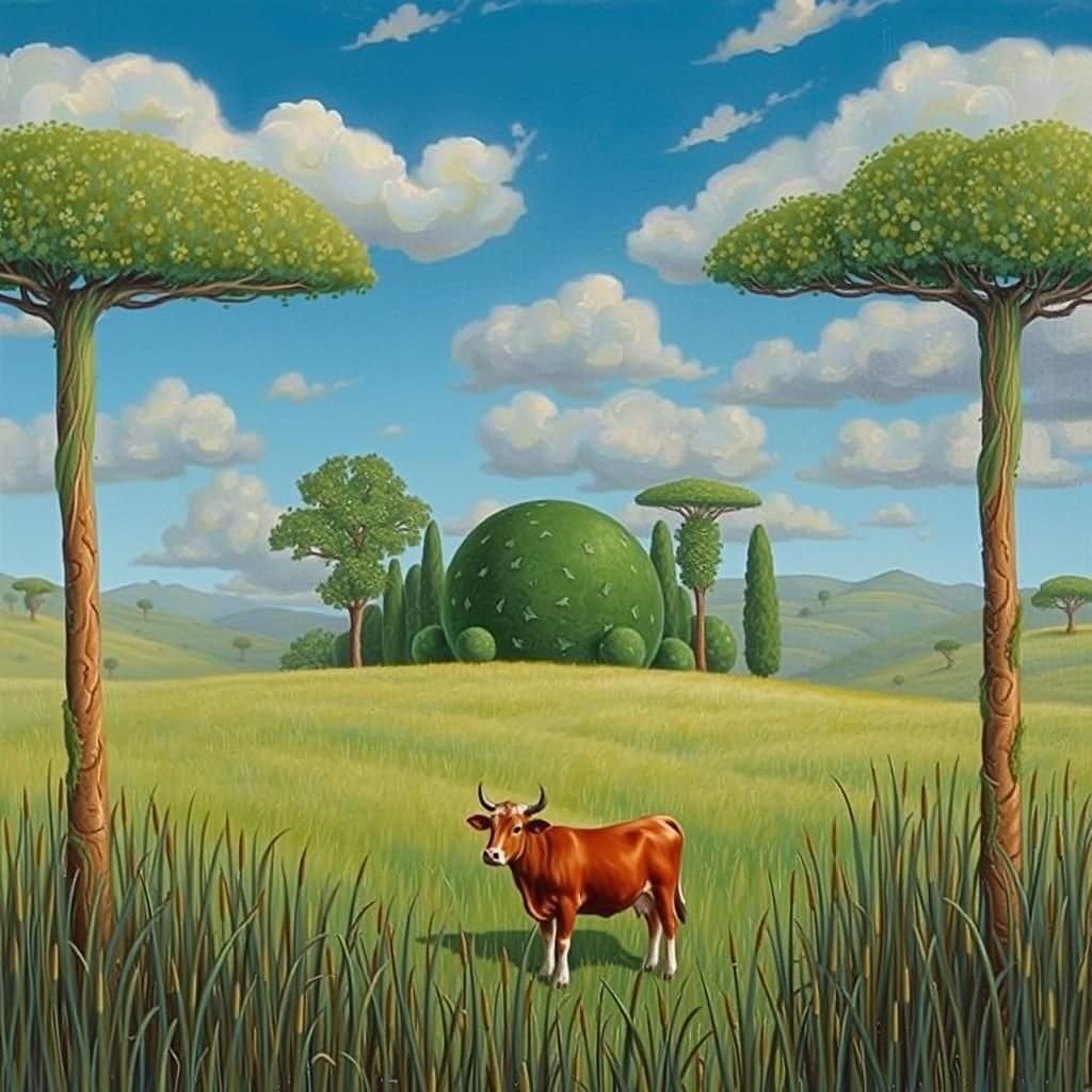 Conscious Cows in Sun-Drenched Meadow, Surrealist Painting