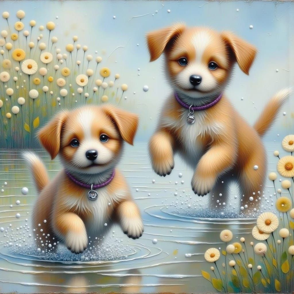 Whimsical Puppies Frolic in Splashing Water