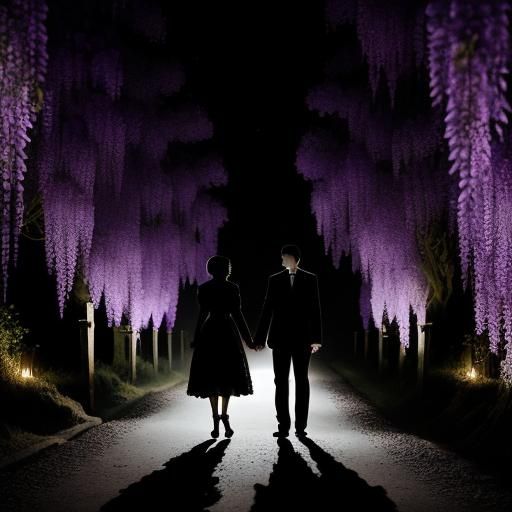 Couple Walks Under Moonlit Road with Flowers