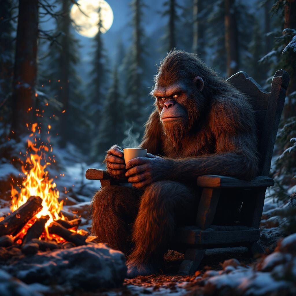 Hyperrealistic 3D Sasquatch Coffee Break in Forest