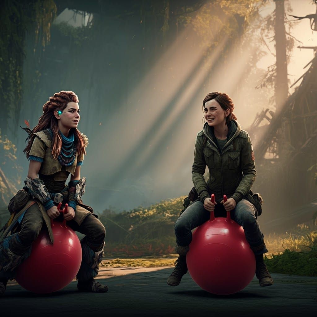Aloy and Ellie Playfully Bouncing in Overgrown Forest