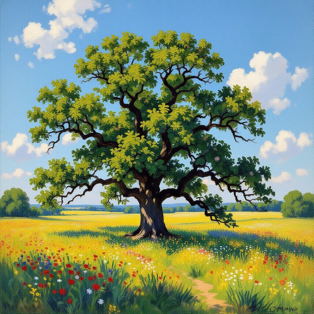 Ancient Oak in Sunlit Meadow Impressionistic Style