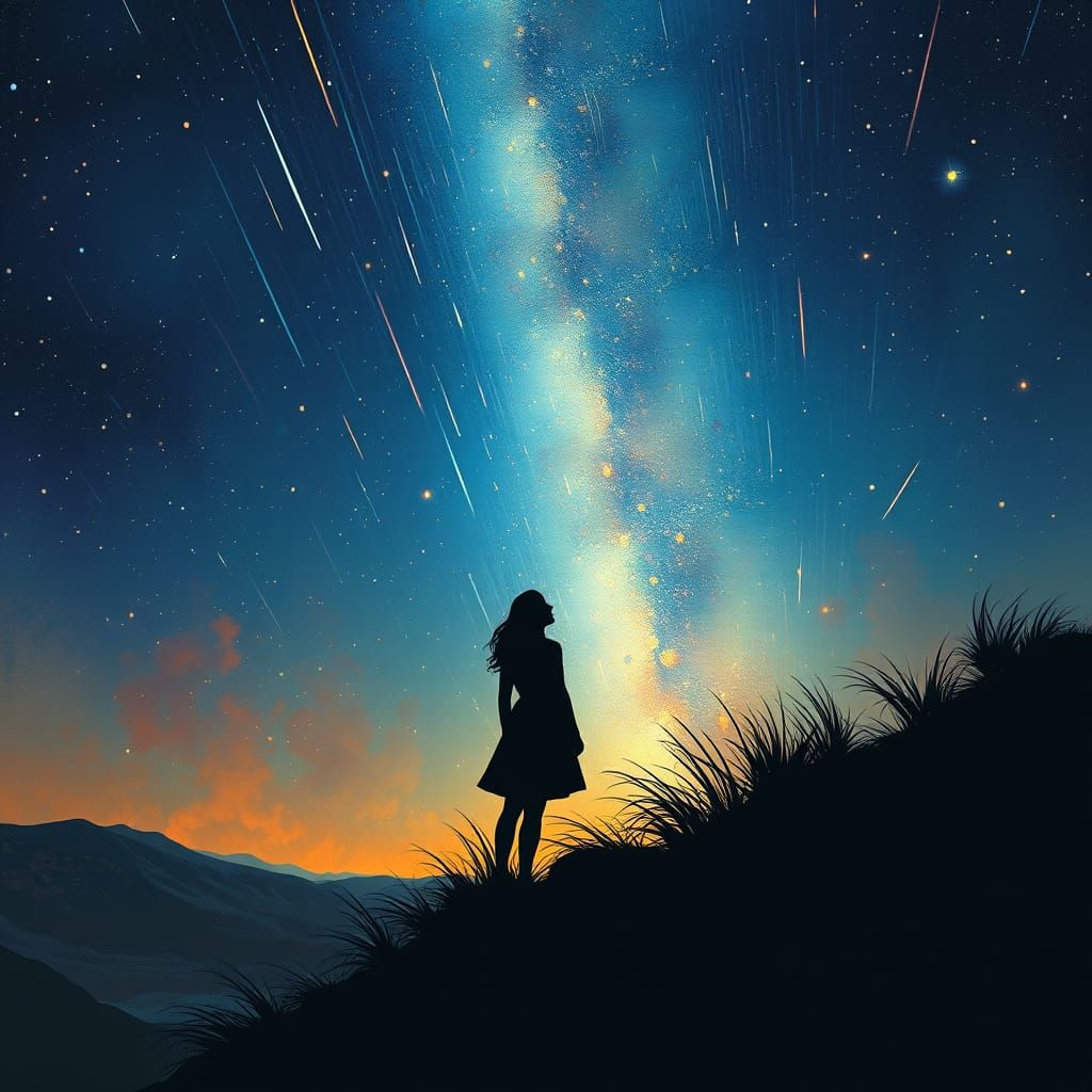 Ethereal Woman Contemplates Starry Impressionist Night Sky