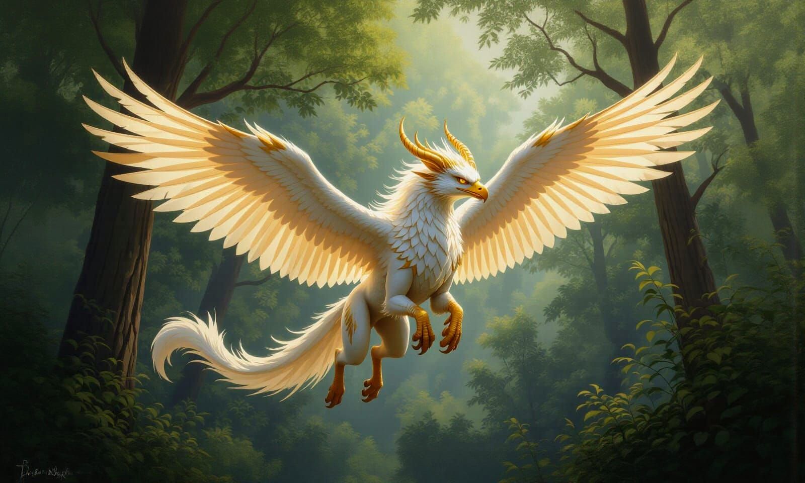 Golden and White Griffin Soars Over Forest in Photorealistic...