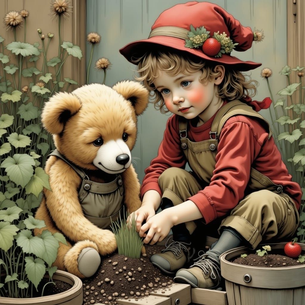 Toddler and Teddy Bear in Garden