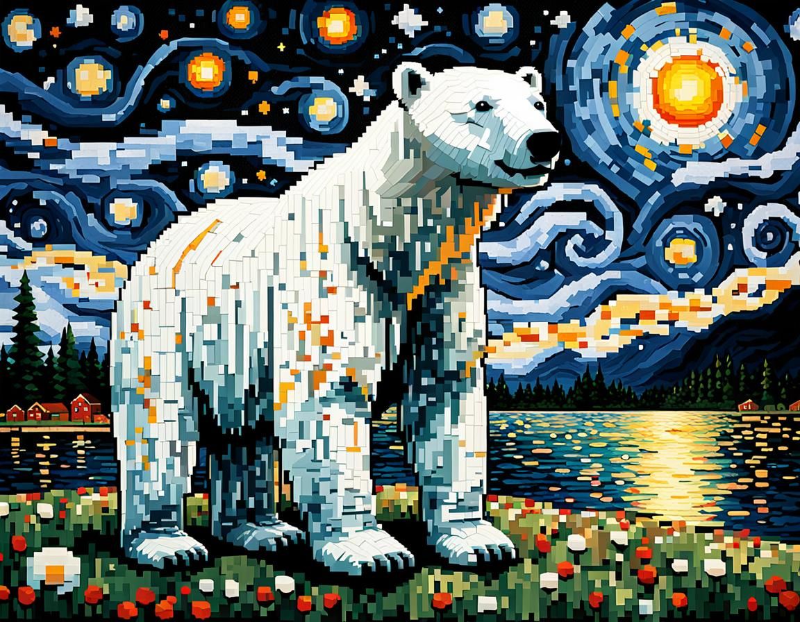 Pixel Art Polar Bear Under Starry Night