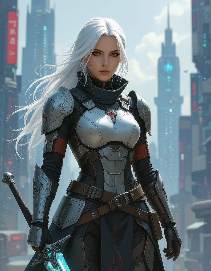 Ciri in Cyberpunk Cityscape with Crystal Sword