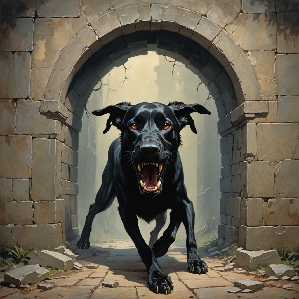 Three-Headed Hound Stepping Through Time Portal