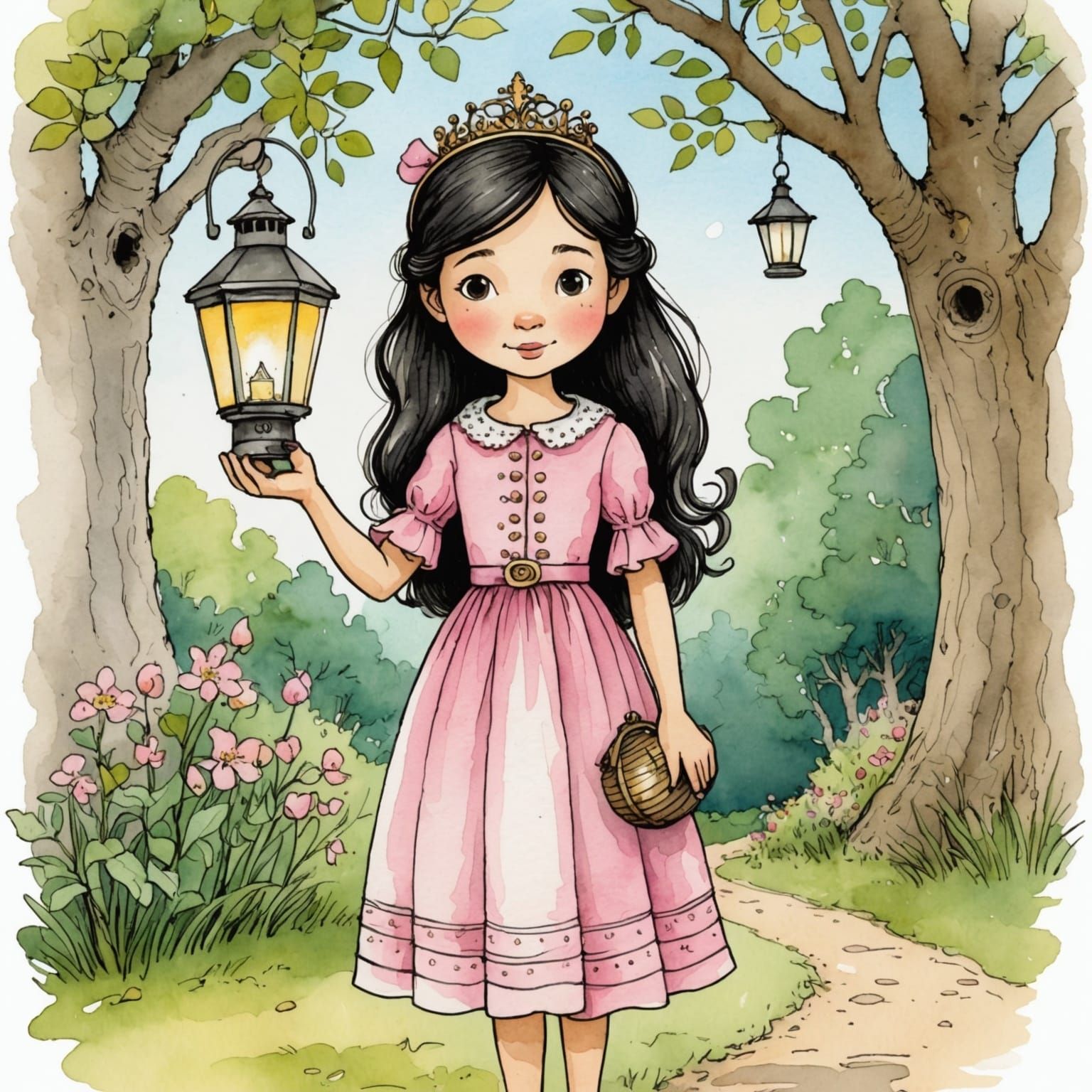 Princess with Lantern: Storybook Illustration in Watercolor