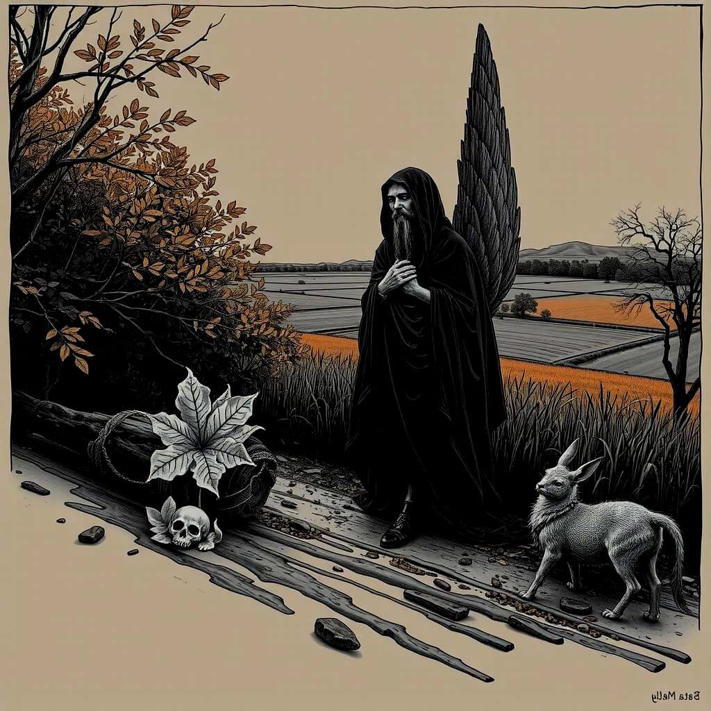 Colorful Landscape with Pink Figure and Gold Leaves