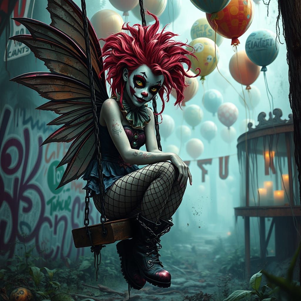 airbrushed oil realistic, A gritty, juggalo fairy girl on a ...