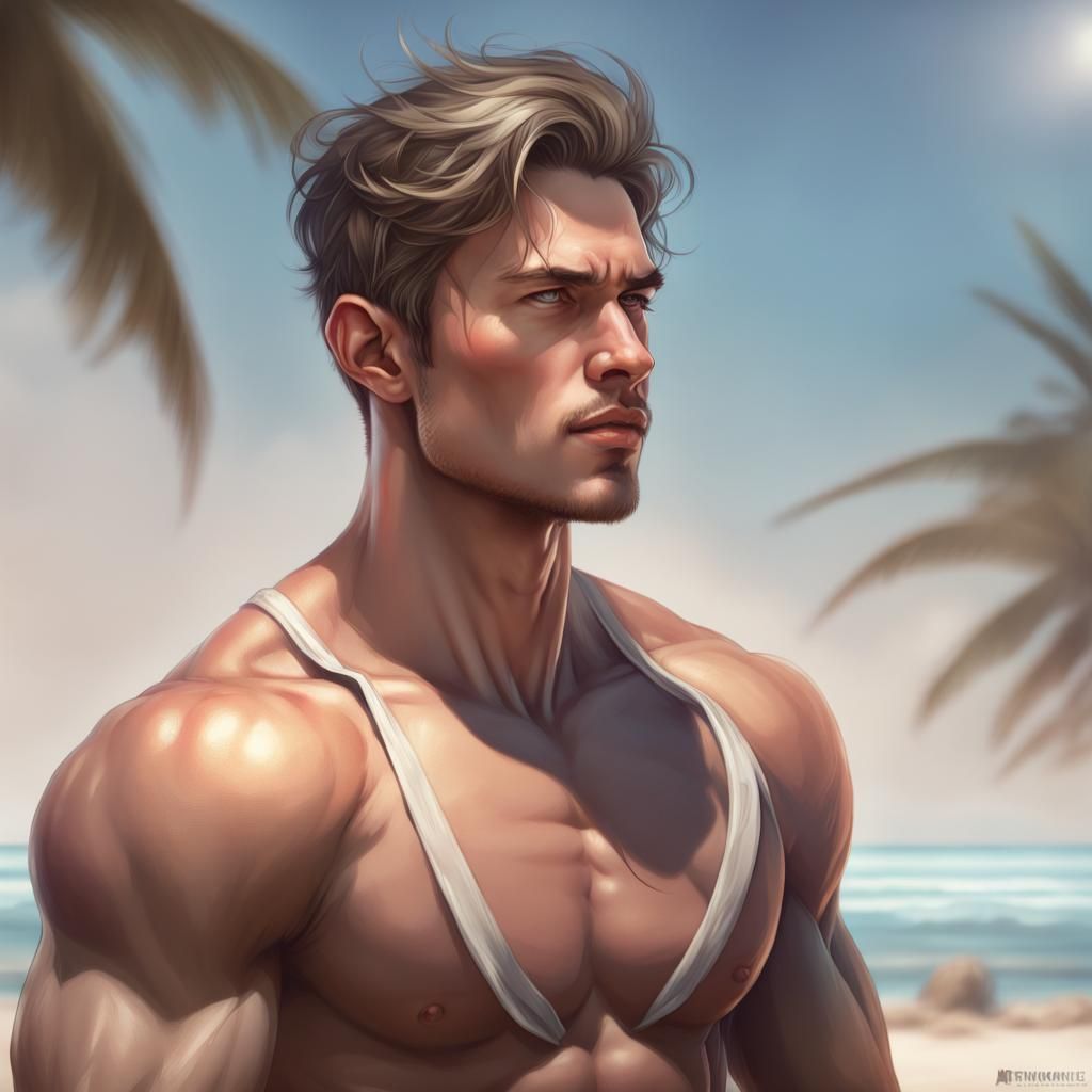 Hyperrealistic Portrait of Muscular Man on Beach