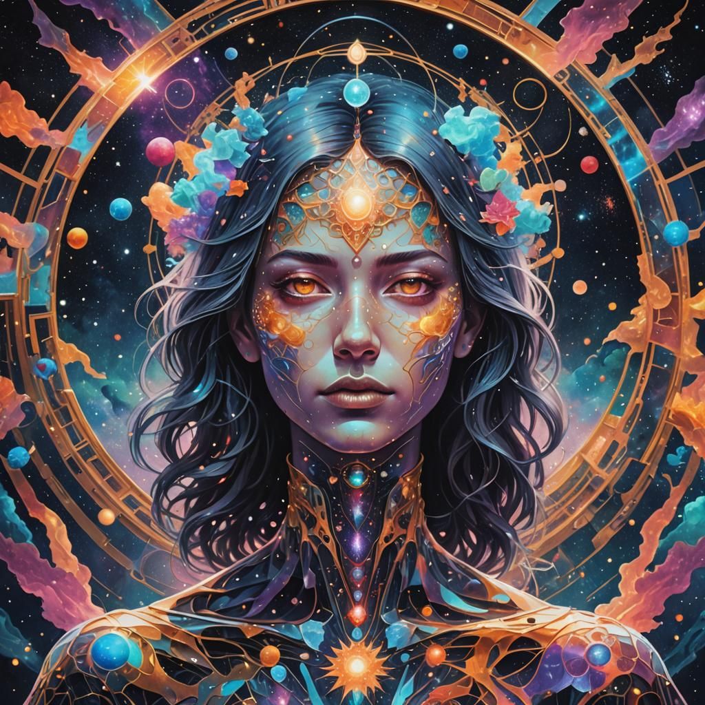 Cosmic Faceless Figure: Pablo Amaringo Style