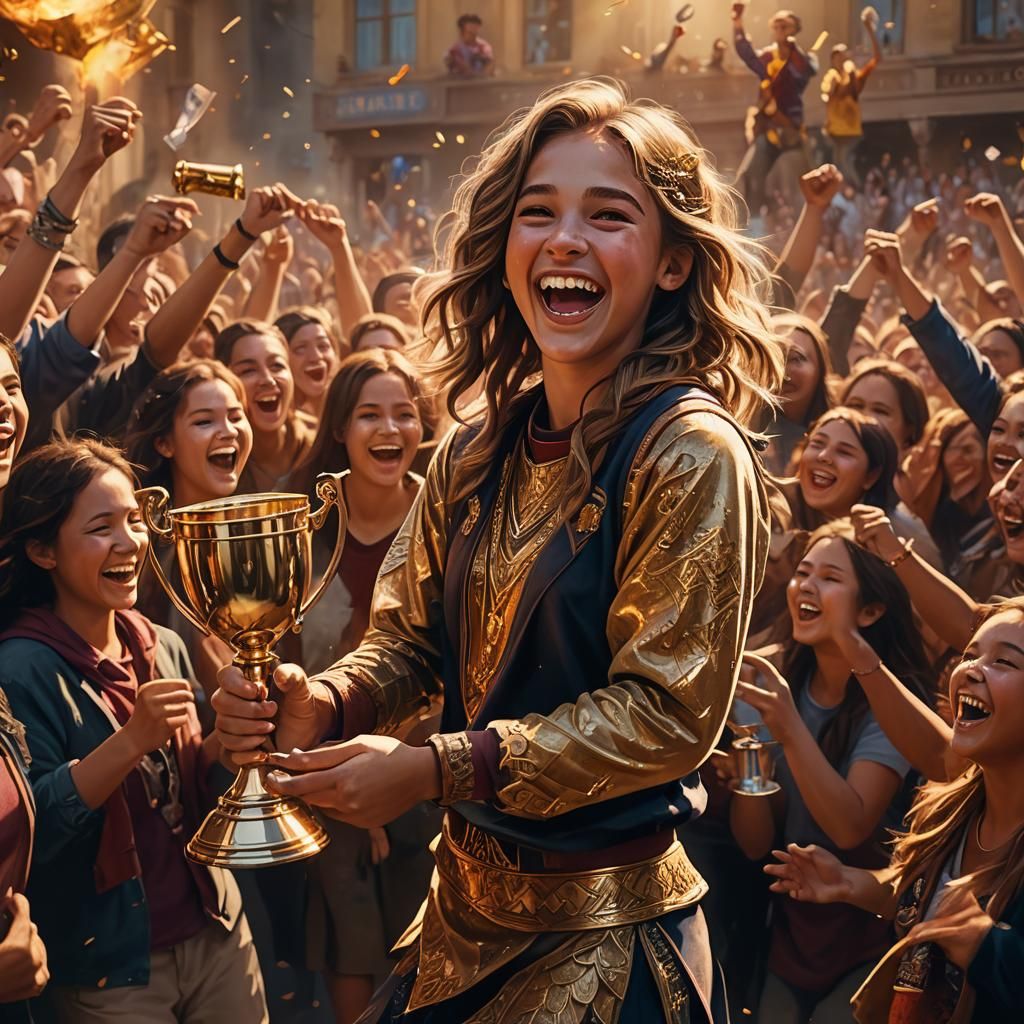 Girl with Trophy Surrounded by Cheering Crowd