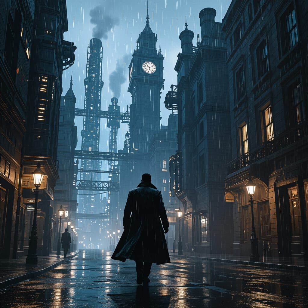 Steampunk Neo Dodging Bullets in Grimy City