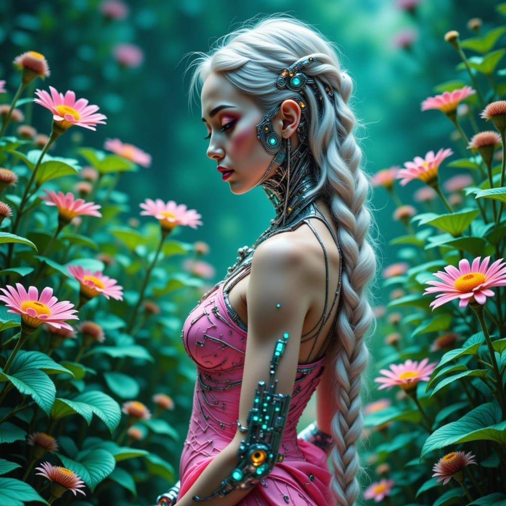 Cyborg Queen in Neon Garden, Cyberpunk Style