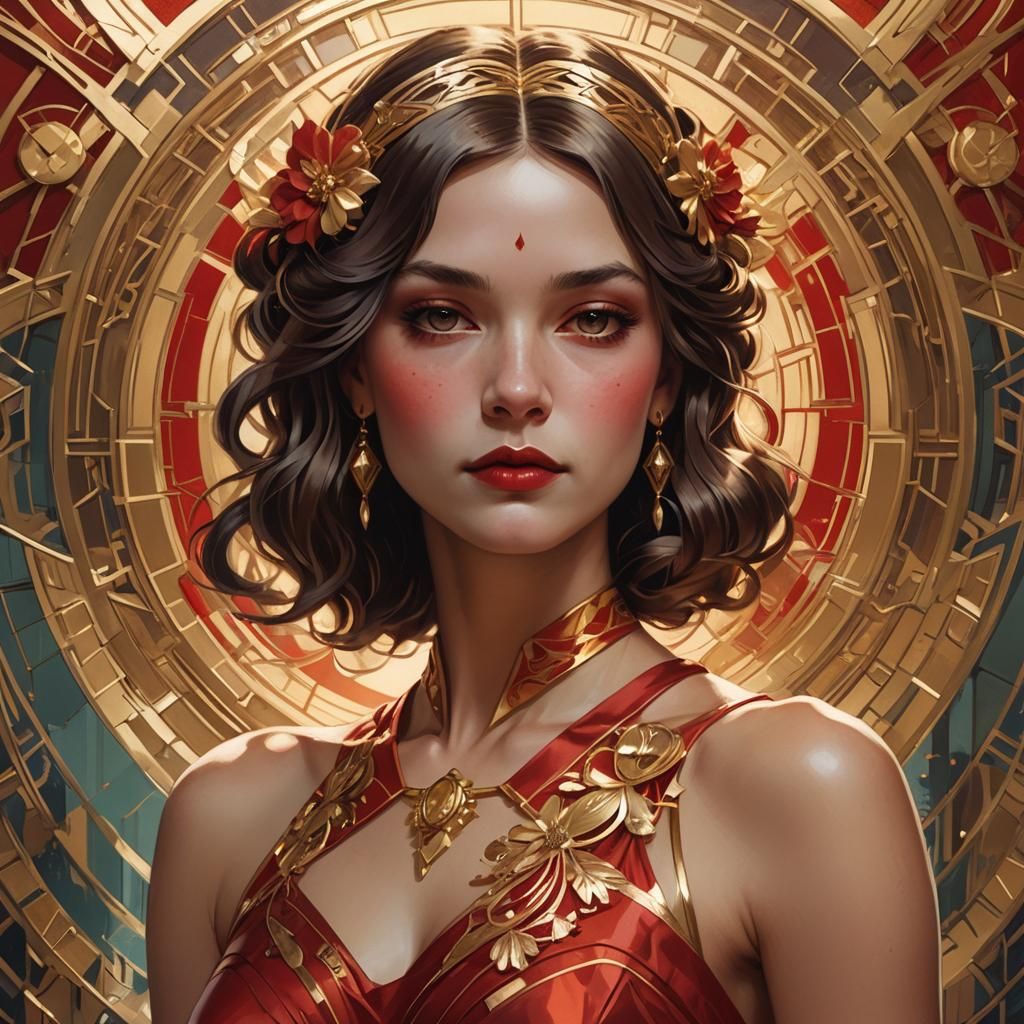 Art Deco Woman Portrait in Gold and Red