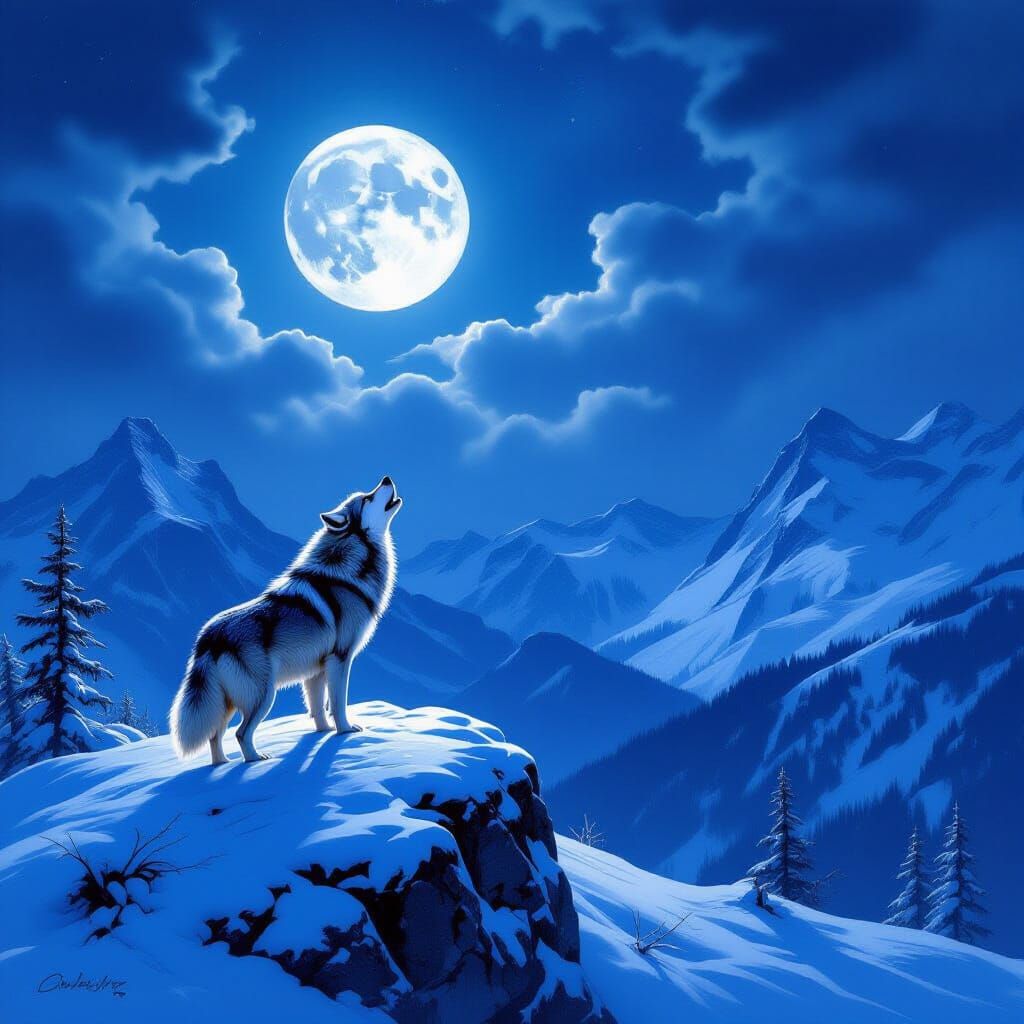 Lone Wolf Howling at Moon, Romantic Landscape