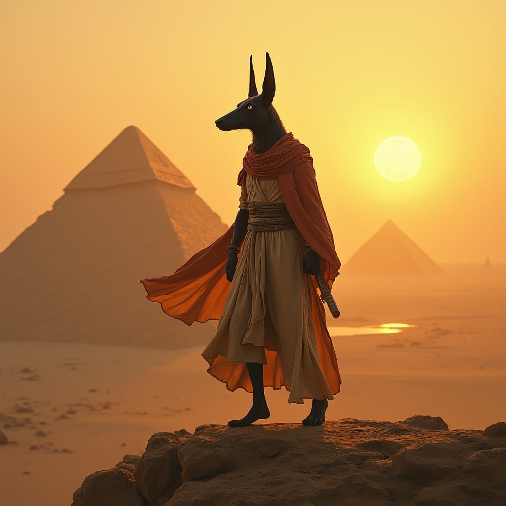 Anubis Walks Atop a Pyramid in Golden Light