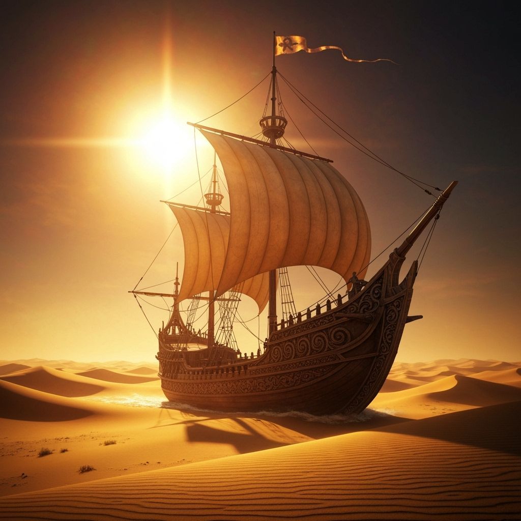 Majestic Desert Ship in Epic Fantasy Landscape